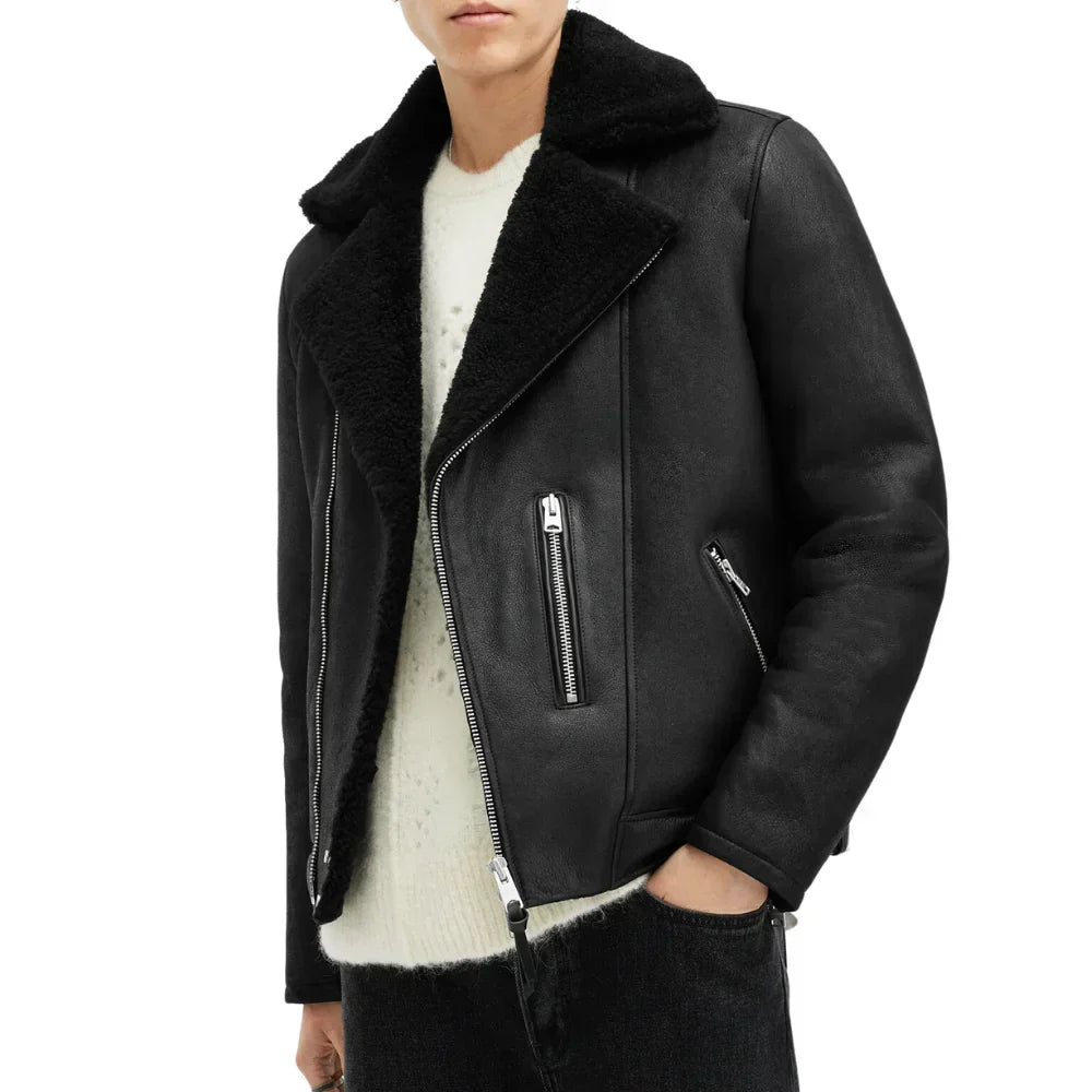 Mens Black Shearling Archon Moto Style Leather Jacket