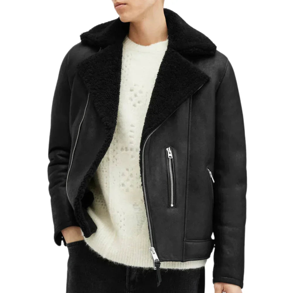 Mens Black Shearling Archon Moto Style Leather Jacket