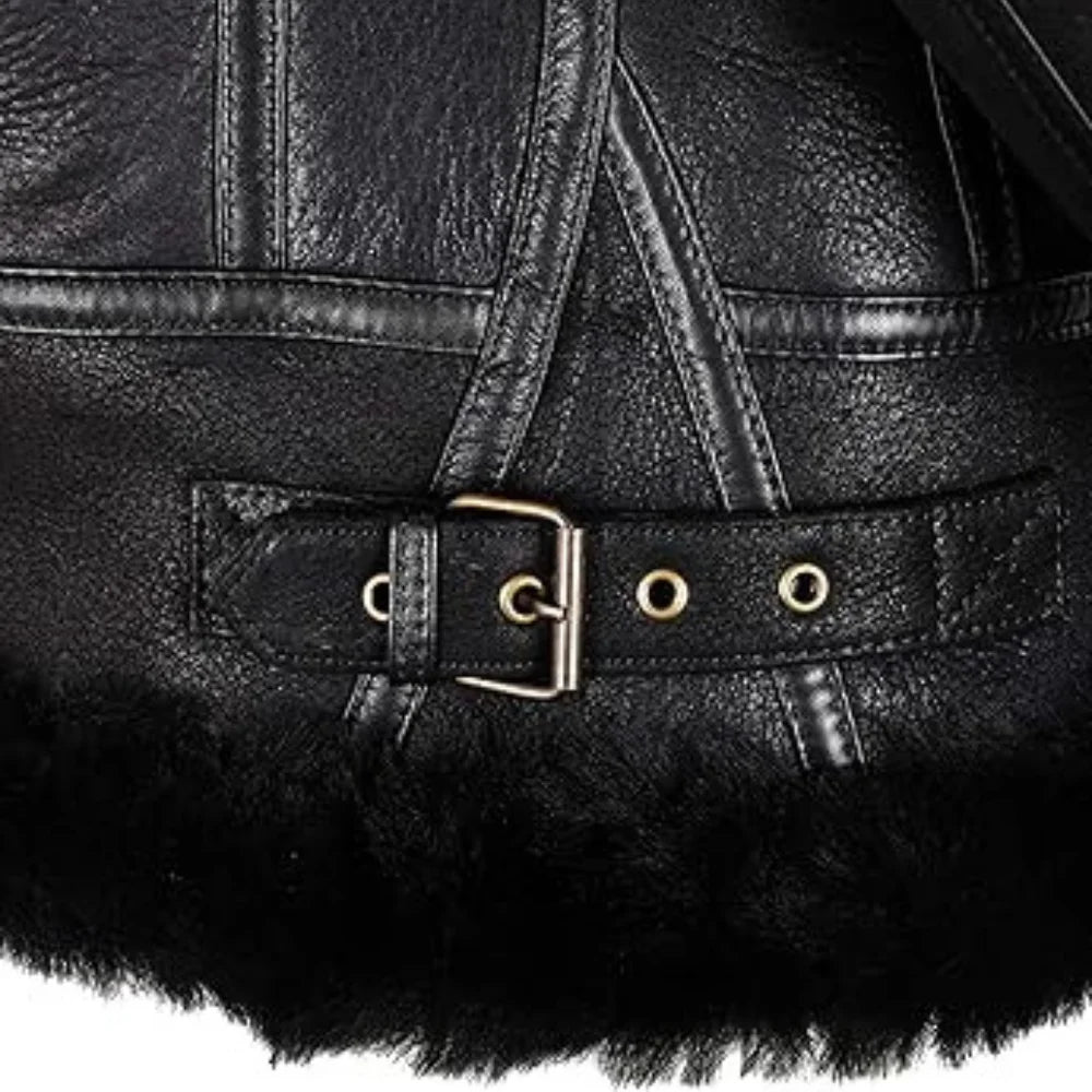 Womens Black Hooded Shearling Leather Bomber Aviator Jacket