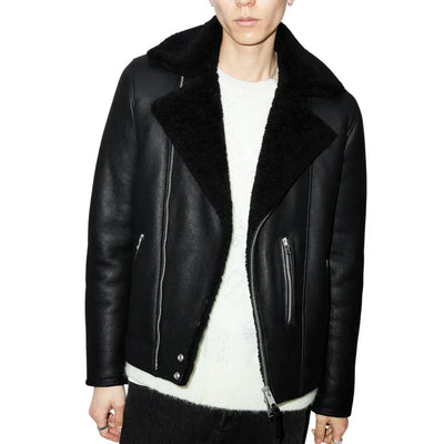 Mens Black Shearling Archon Moto Style Leather Jacket