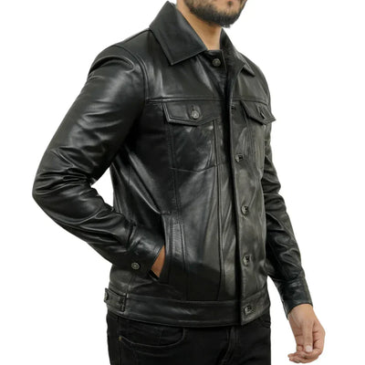 Mens Black Trucker Real Leather Jacket