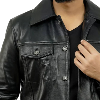 Mens Black Trucker Real Leather Jacket