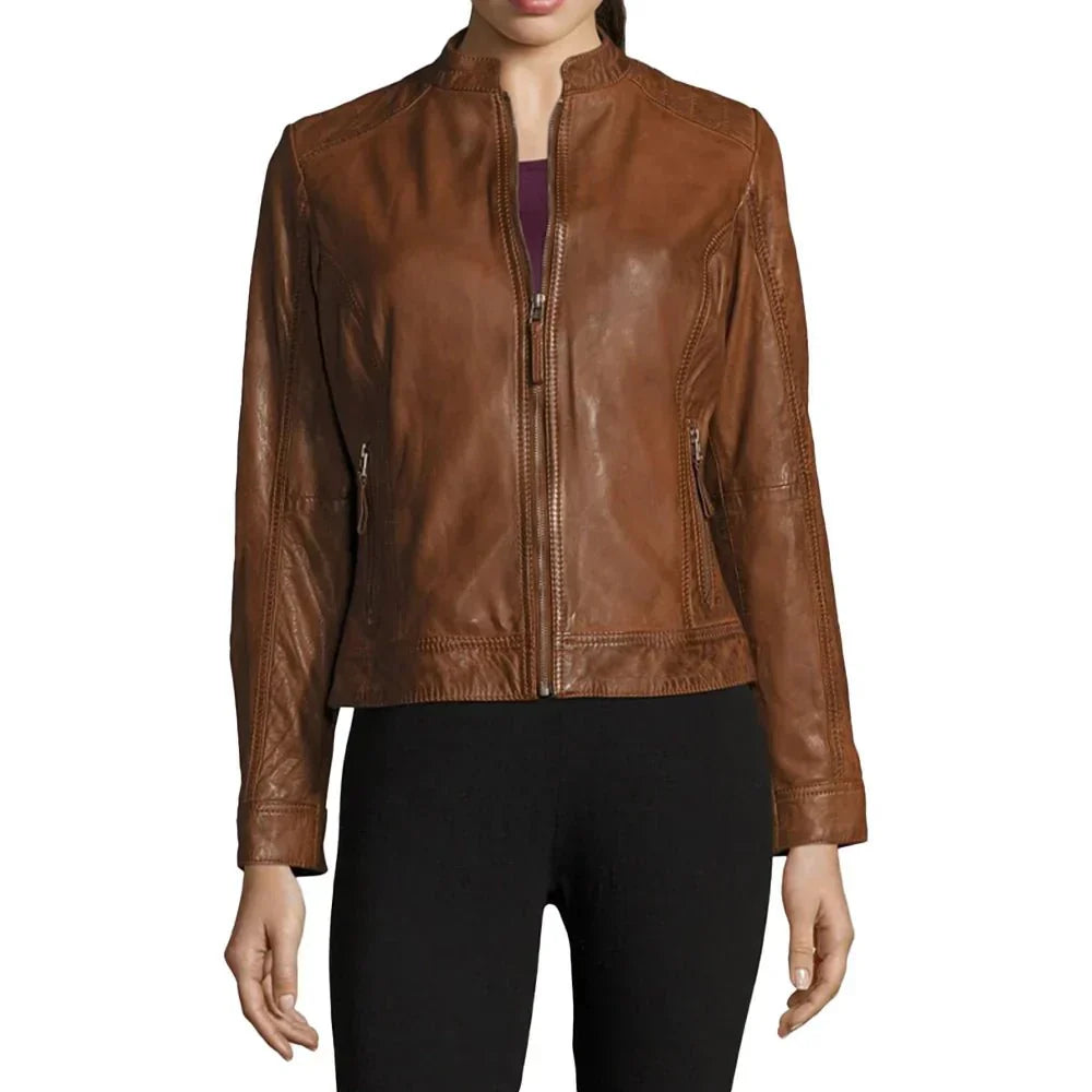 Womens Genuine Biker Brown Cognac Leather Jacket