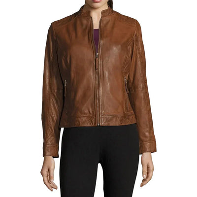 Womens Genuine Biker Brown Cognac Leather Jacket