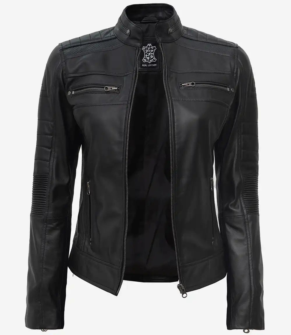 Womens Black Cafe Racer Leather Jacket