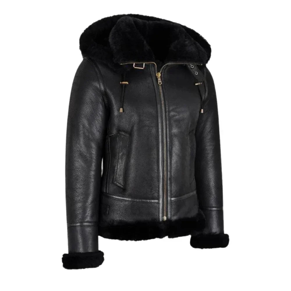 Womens Black Hooded Shearling Leather Bomber Aviator Jacket