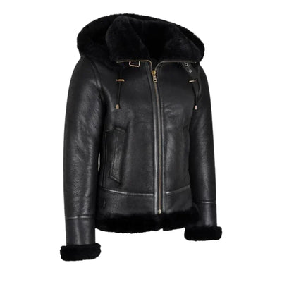 Womens Black Hooded Shearling Leather Bomber Aviator Jacket